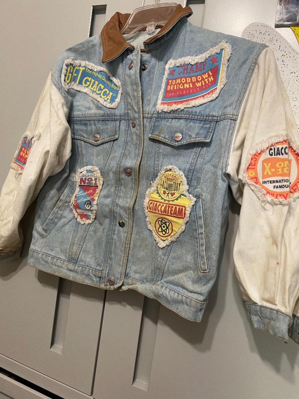 Vintage Girls Jean Jacket with Leather collar - size M 10/12